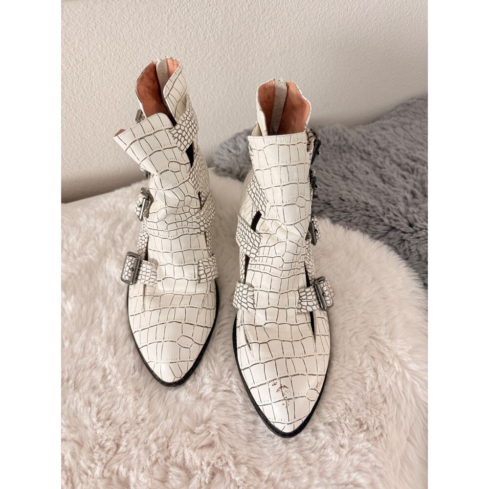 Jeffrey Campbell White Croc-Embossed Buckle Pointed Ankle Boots